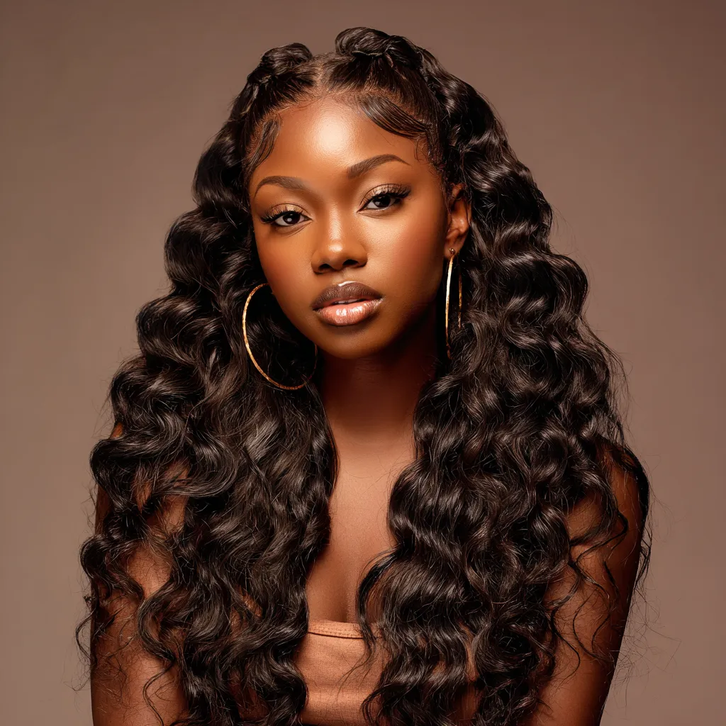 Beautiful curly hairstyle with gold hoop earrings